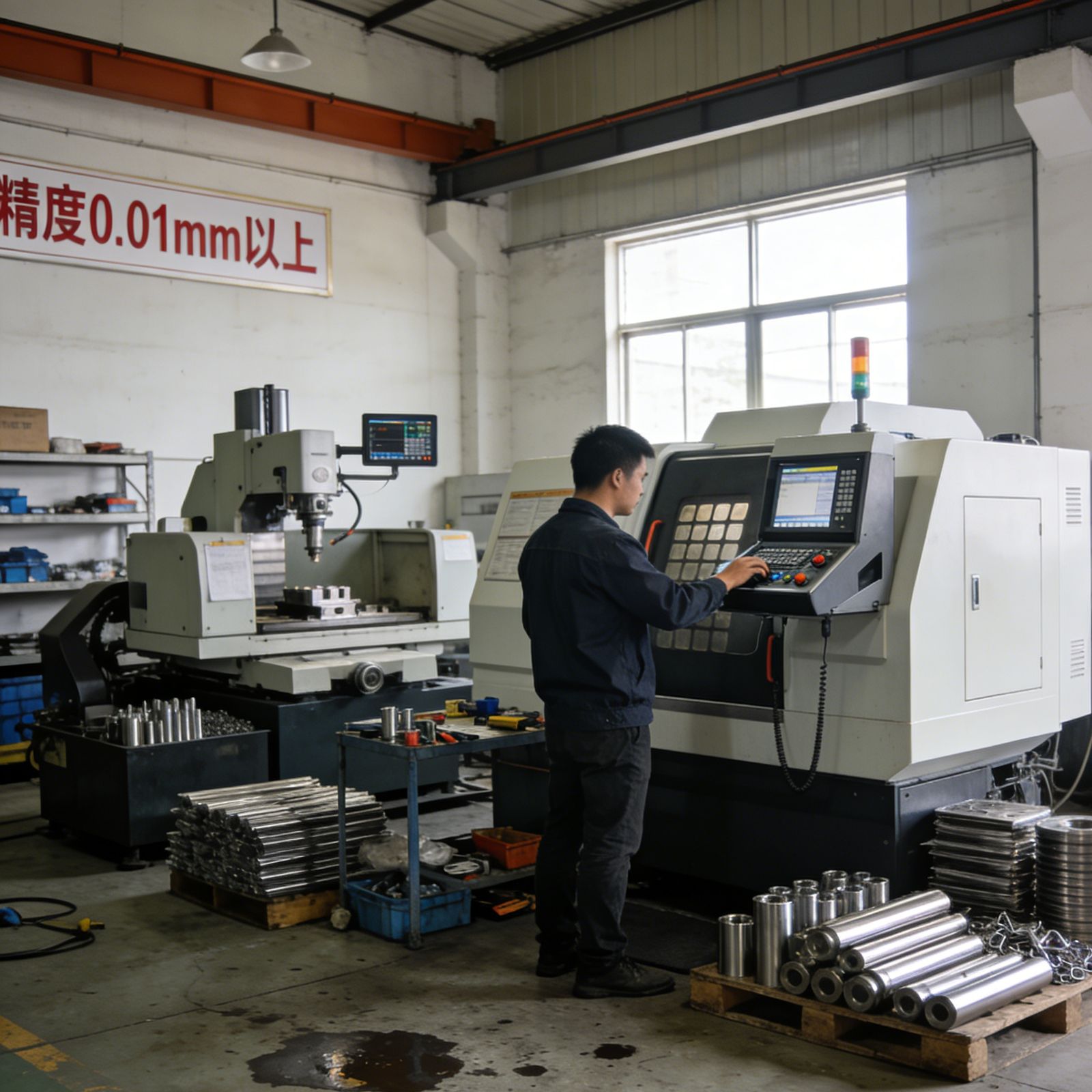 1. CNC tool machining stainless steel, sparks, coolant mist, blue light, blurred workshop.