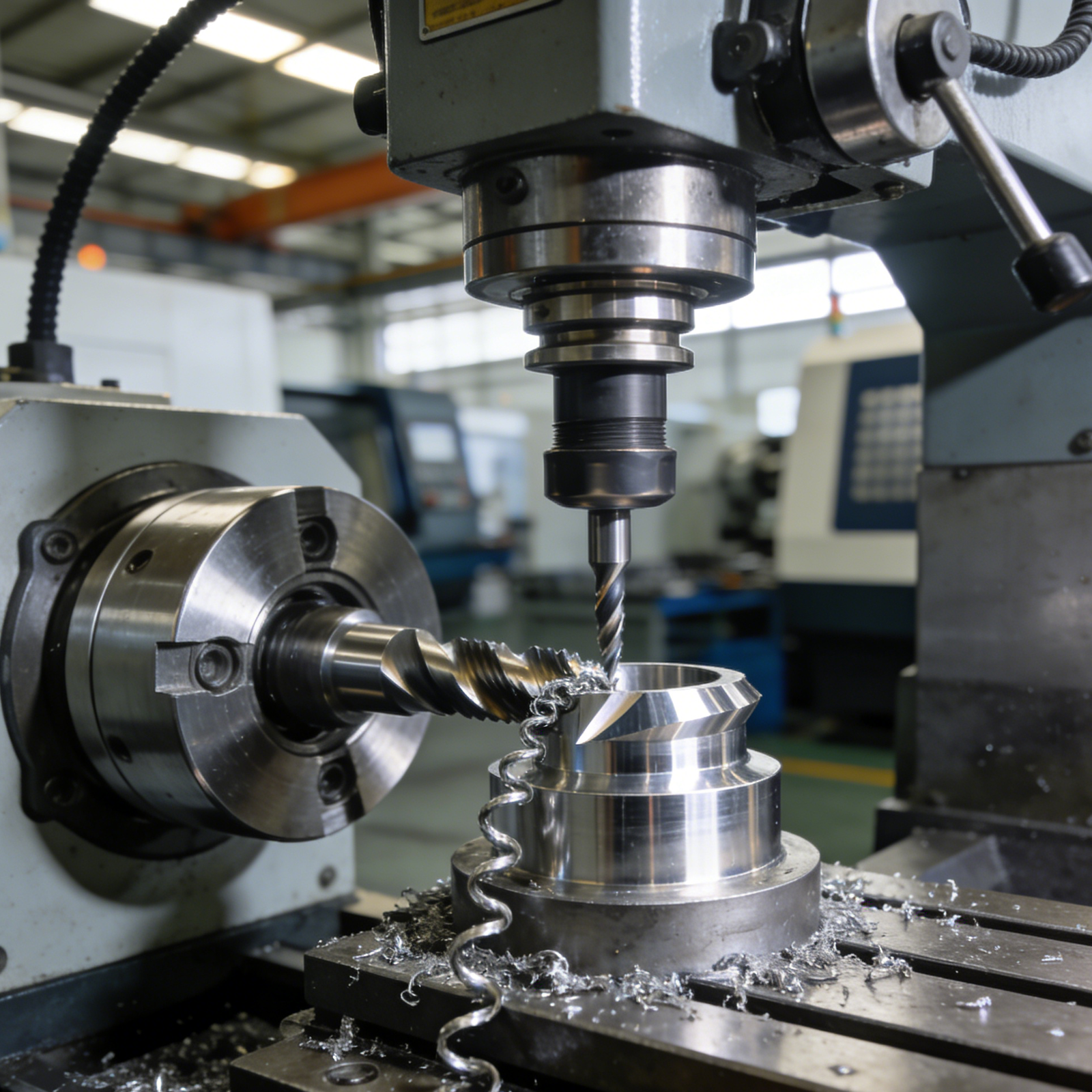 1. CNC tool machining stainless steel, sparks, coolant mist, blue light, blurred workshop.