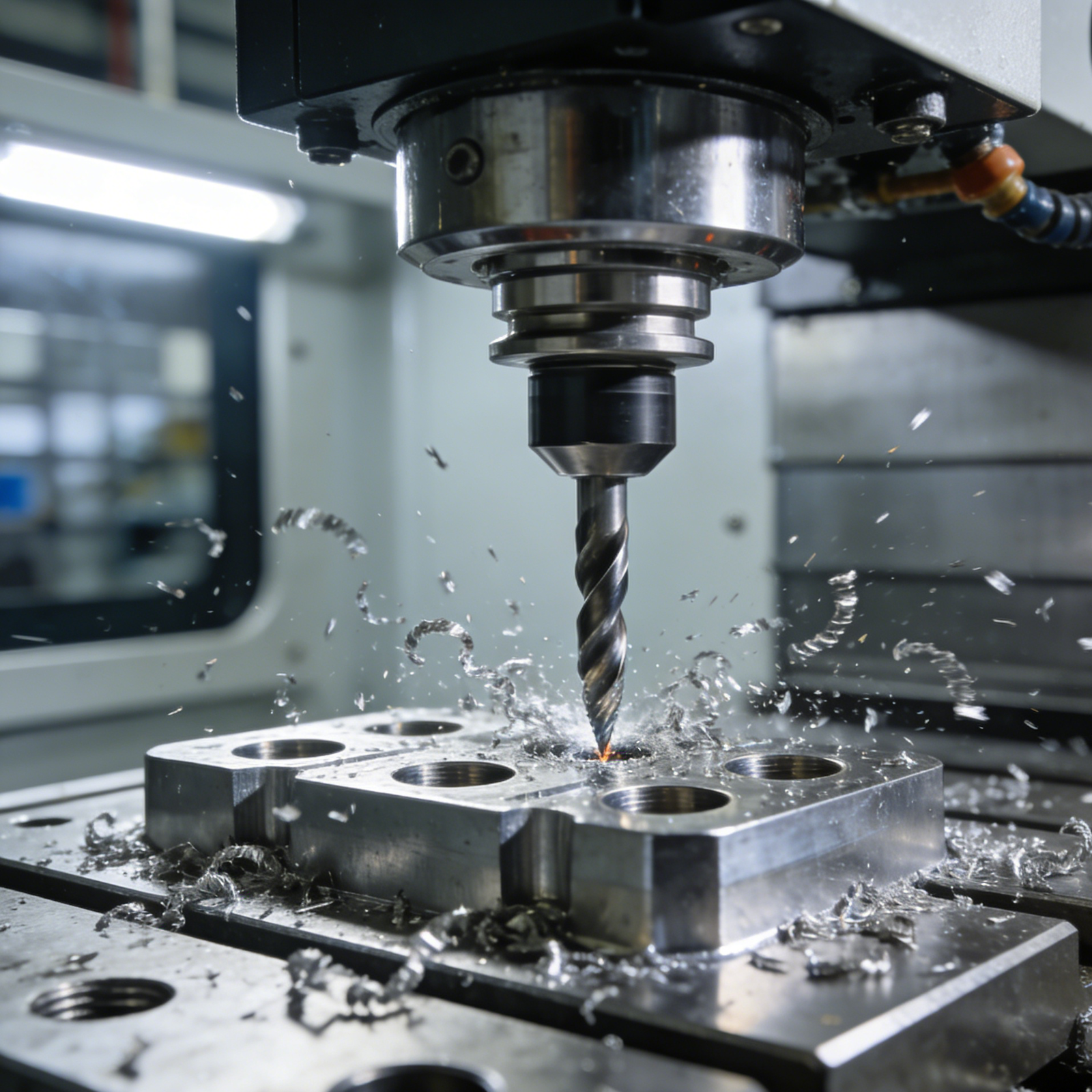 1. CNC tool machining stainless steel, sparks, coolant mist, blue light, blurred workshop.