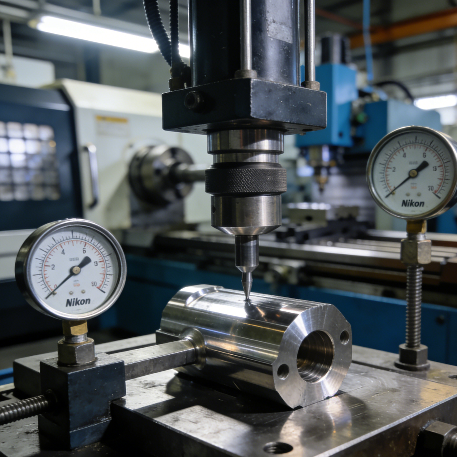 1. CNC tool machining stainless steel, sparks, coolant mist, blue light, blurred workshop.