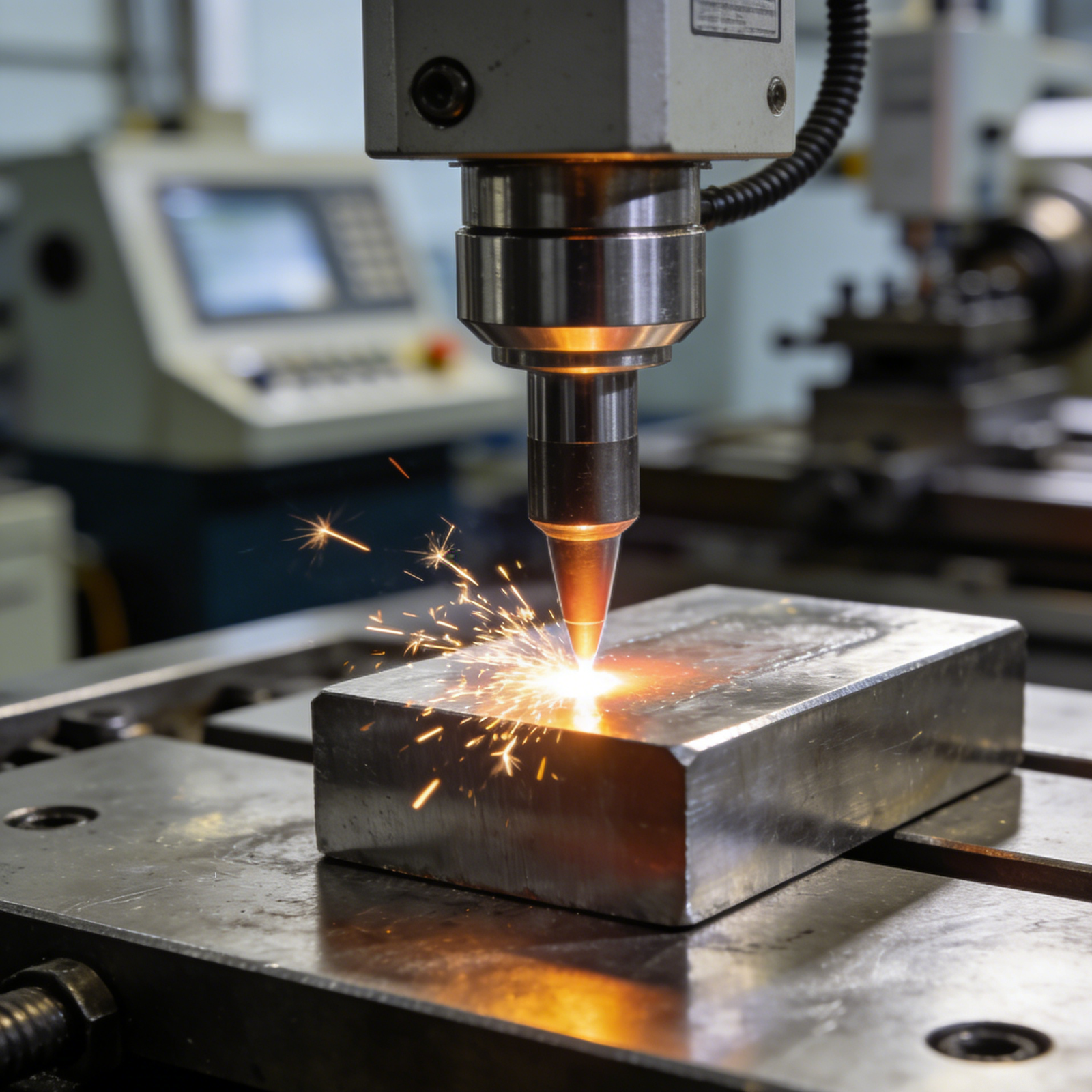 1. CNC tool machining stainless steel, sparks, coolant mist, blue light, blurred workshop.