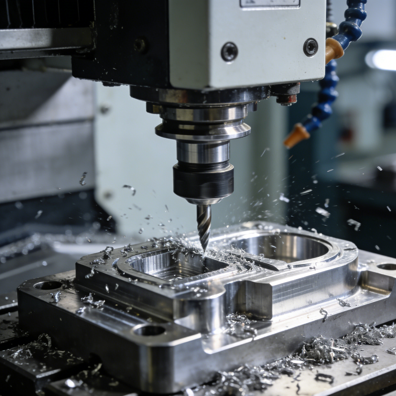 1. CNC tool machining stainless steel, sparks, coolant mist, blue light, blurred workshop.