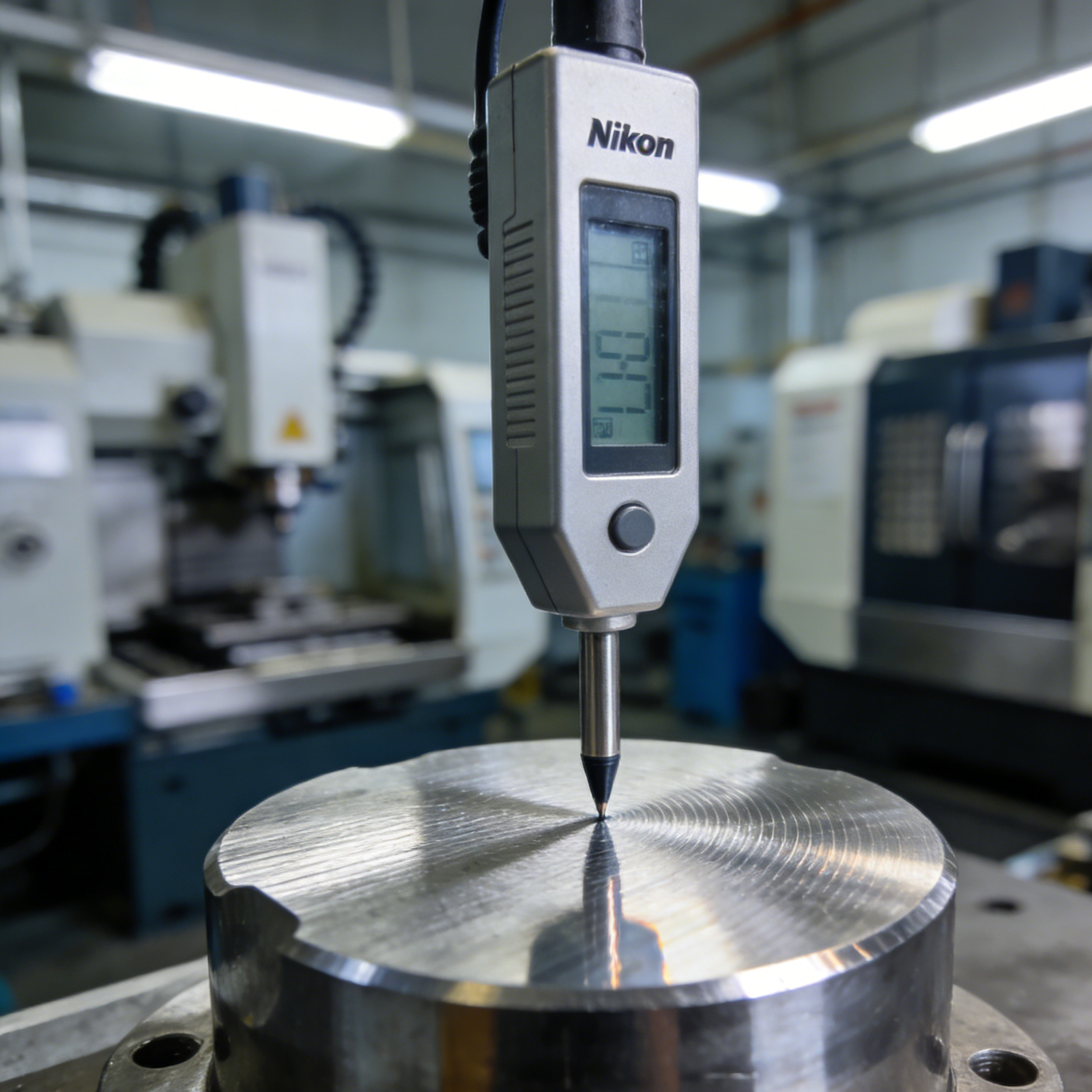 1. CNC tool machining stainless steel, sparks, coolant mist, blue light, blurred workshop.