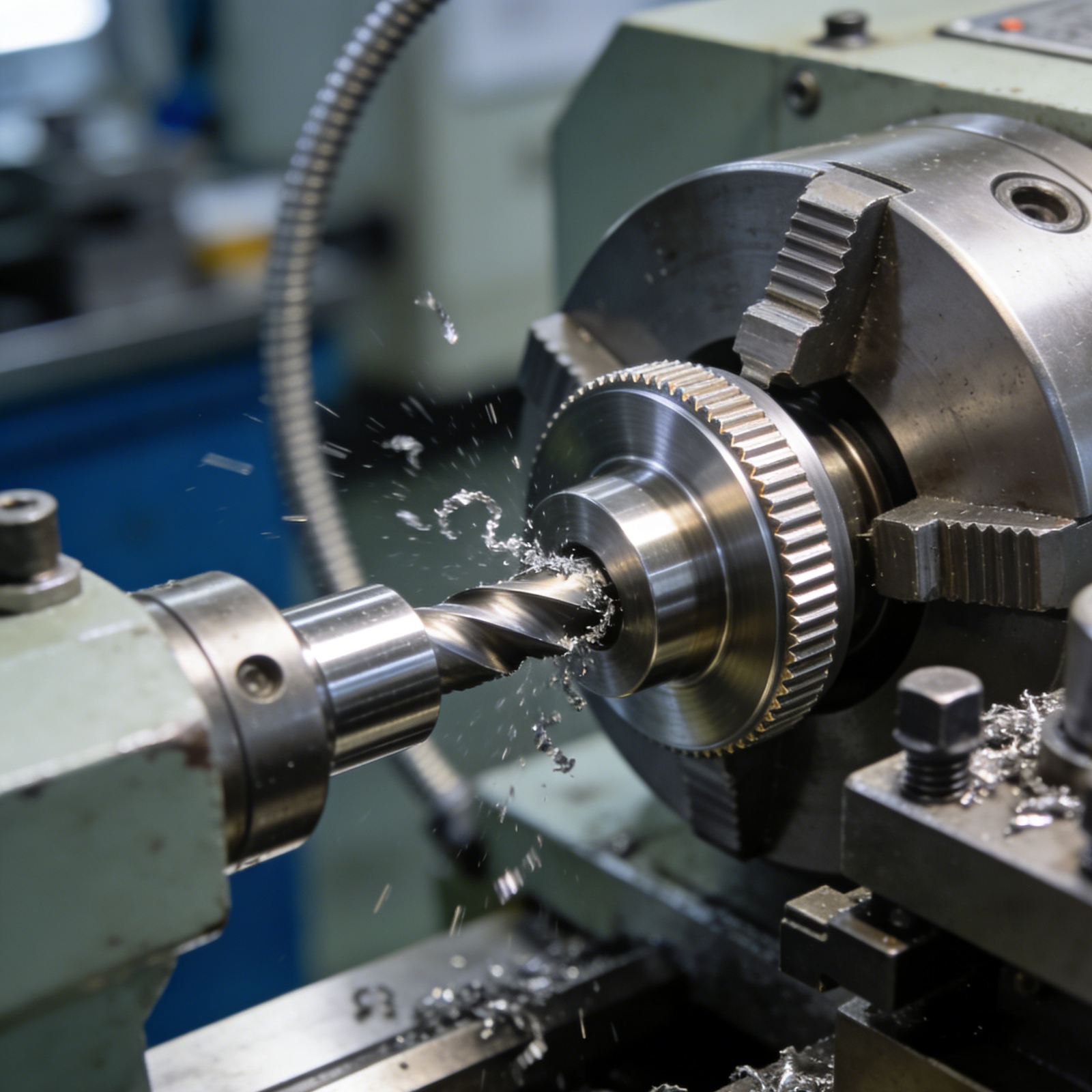 1. CNC tool machining stainless steel, sparks, coolant mist, blue light, blurred workshop.