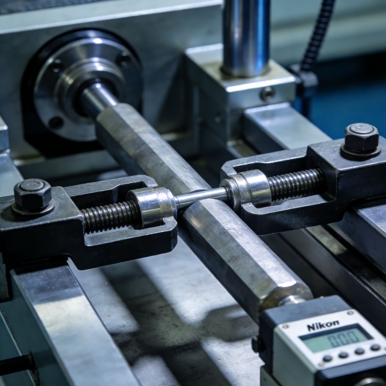 1. CNC tool machining stainless steel, sparks, coolant mist, blue light, blurred workshop.