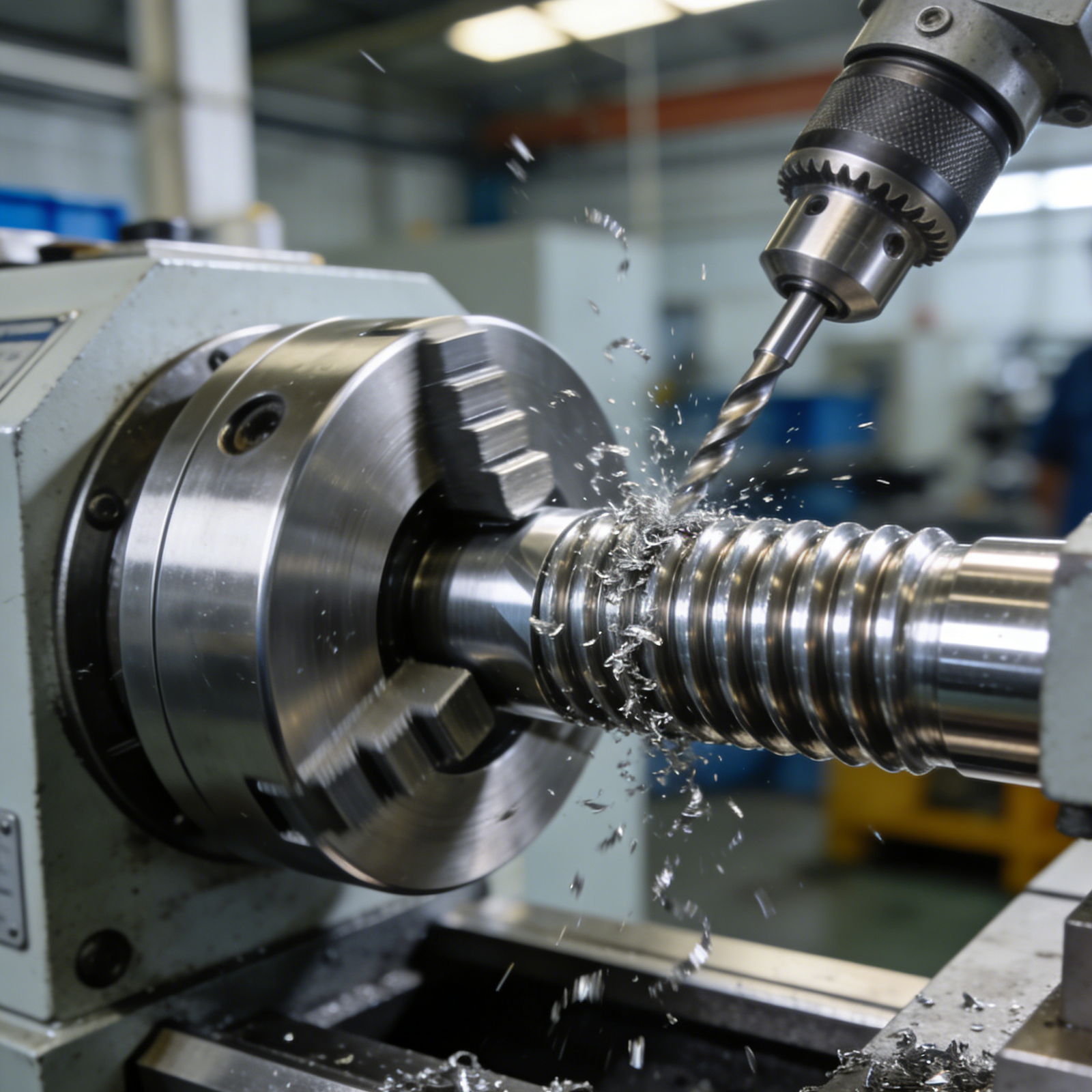 1. CNC tool machining stainless steel, sparks, coolant mist, blue light, blurred workshop.