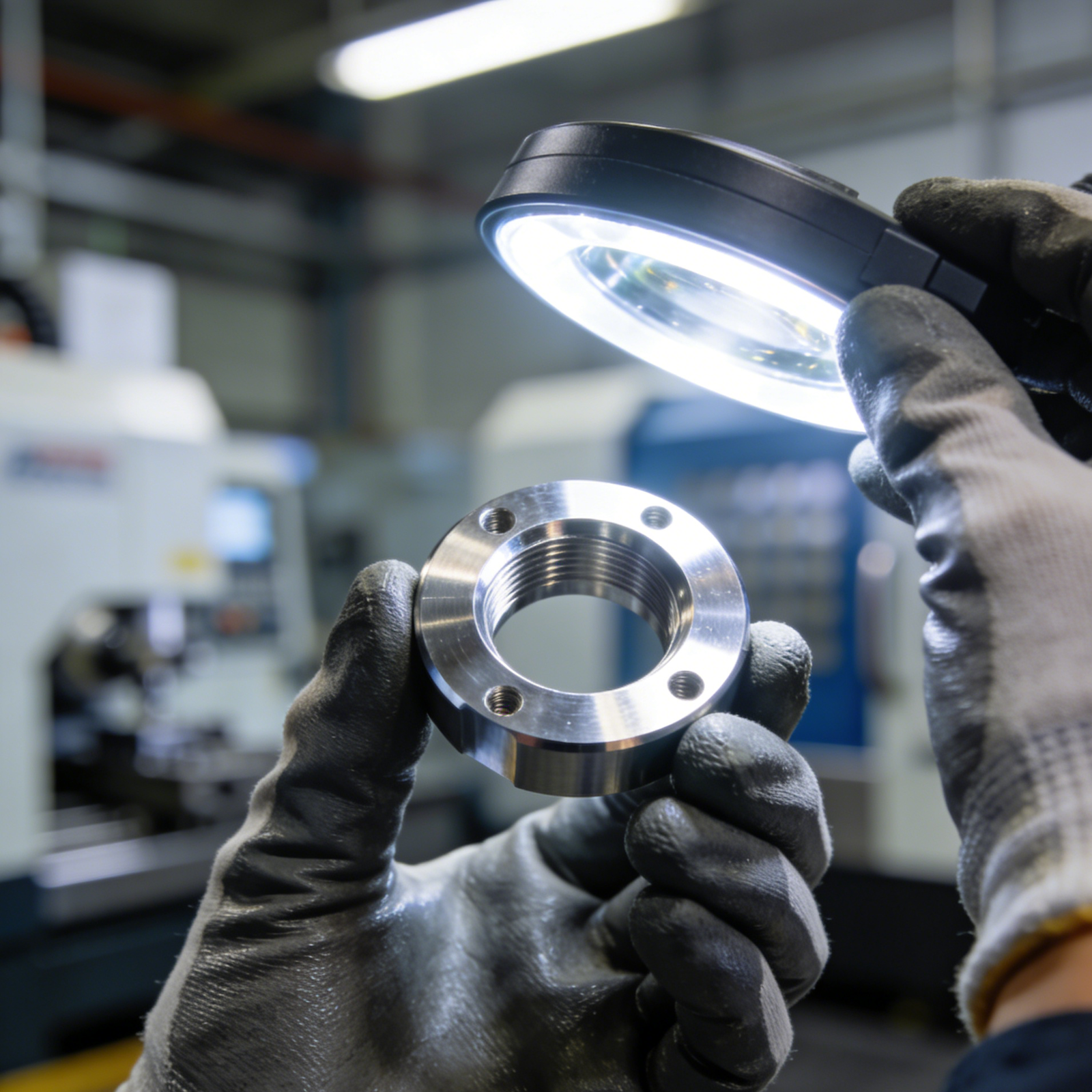 1. CNC tool machining stainless steel, sparks, coolant mist, blue light, blurred workshop.