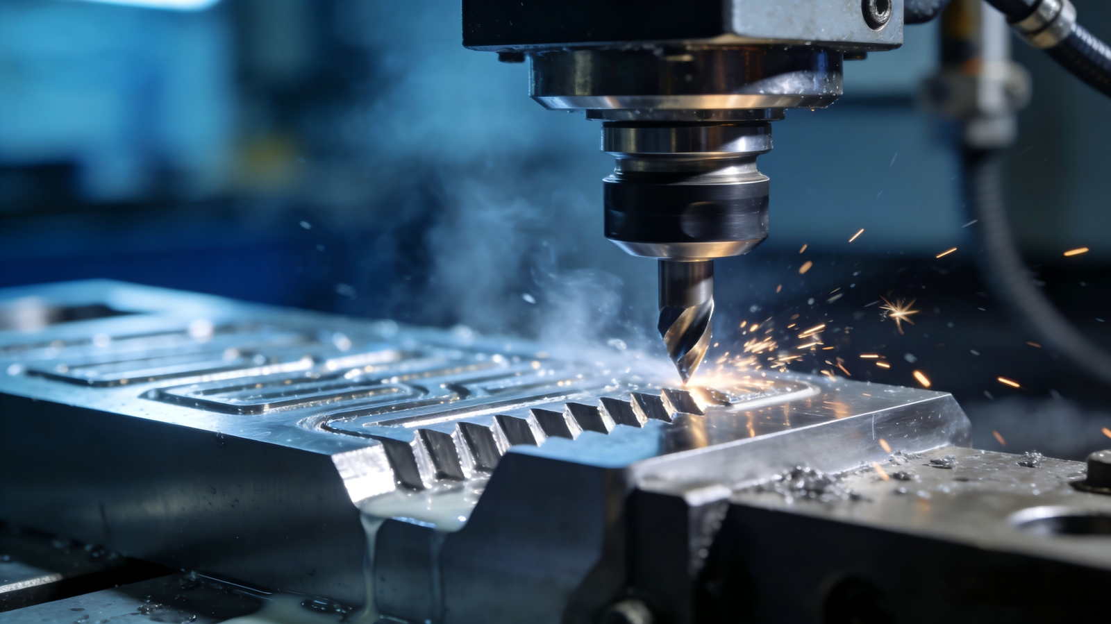 1. CNC tool machining stainless steel, sparks, coolant mist, blue light, blurred workshop.