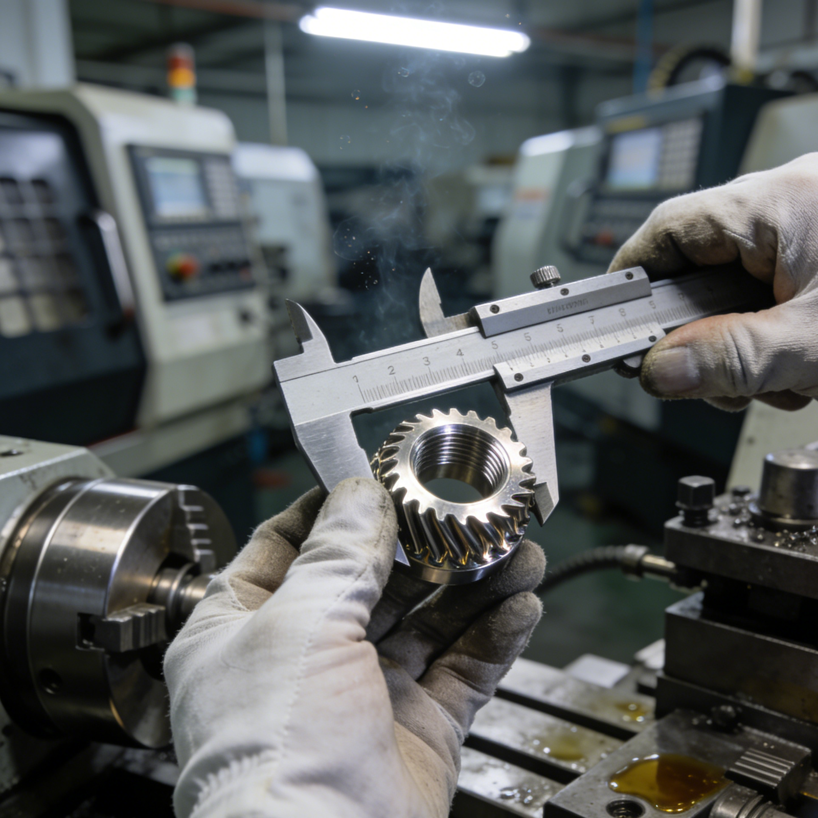 1. CNC tool machining stainless steel, sparks, coolant mist, blue light, blurred workshop.